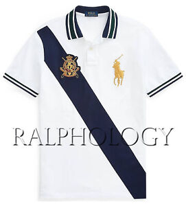 Polo Ralph Lauren Mens Custom Slim Fit Big Pony Gold Crest Block Mesh Polo Shirt