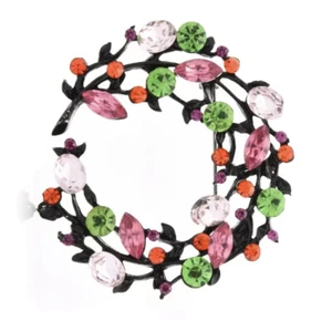 Hübsche Brosche Strass Blatt Kranz rosa Blume floral schwarz Emaille Ranke Anstecknadel - Bild 1 von 2