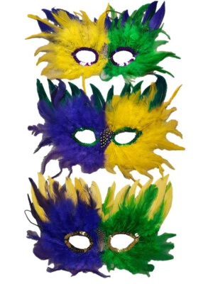 12 Purple Green Yellow Soft Feather Masks  - Image 1 of 3