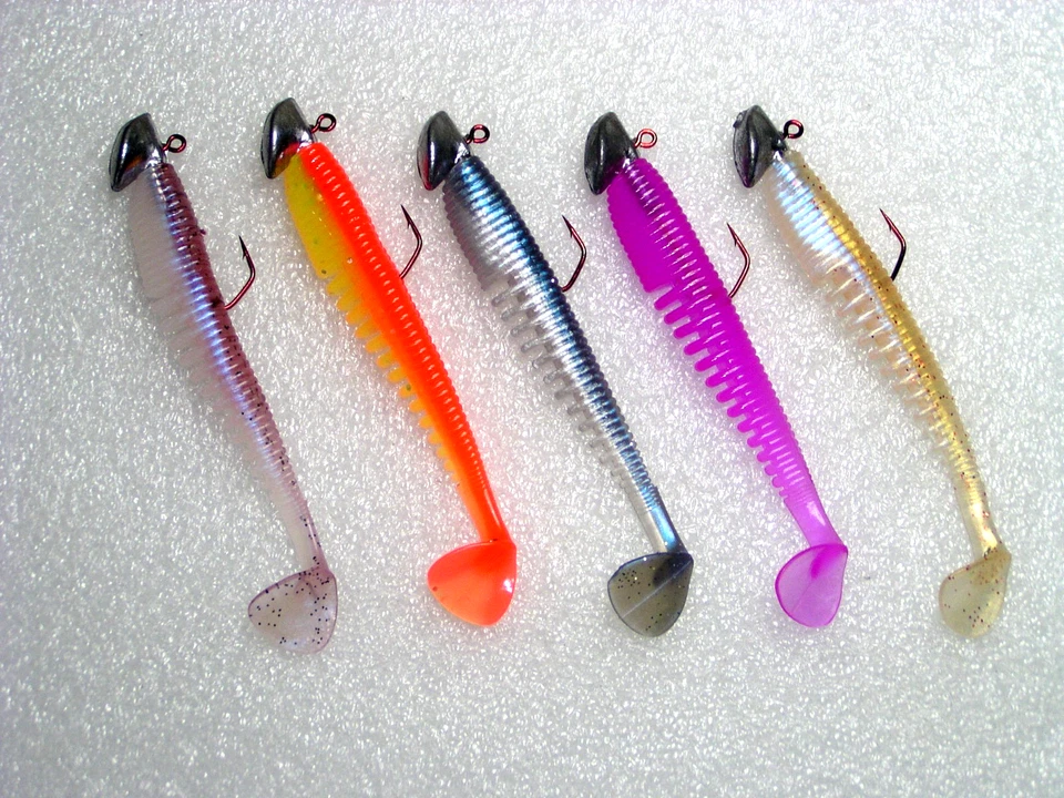 5 Stück Breitschwanz Gummifische 11cm mit VMC Haken Erie Bleikopf, Zander, Hecht - Bild 1 von 1