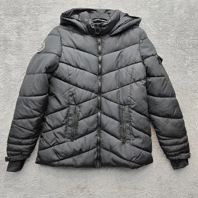 Madden Girl Black Long Sleeve Puffer Coat Hooded Full Zip Jacket Women's LARGE - Image 1 of 4