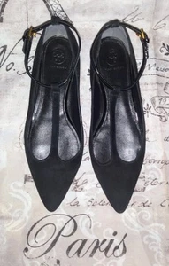 TORY BURCH Ashton T-Strap Flats Pointed Toe Blk Kid Suede/Patent Leather Shoes❤️ - Picture 1 of 24