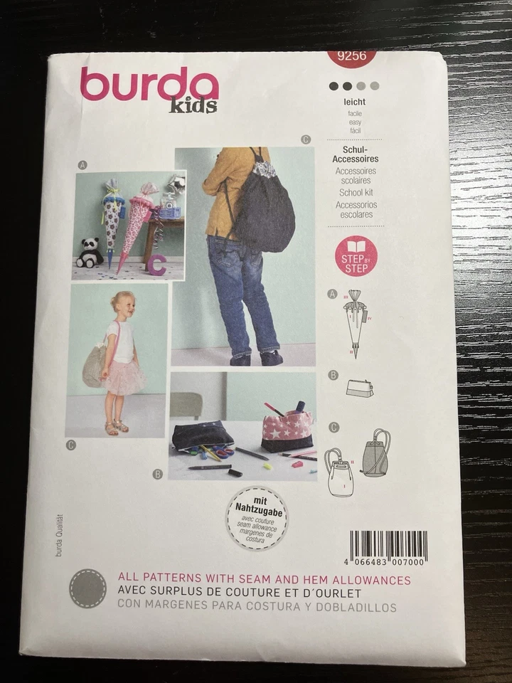 BURDA 9256 Child Accessories School Cone/Pencil Case/Gym Bag Pattern Uncut - Image 1 of 2