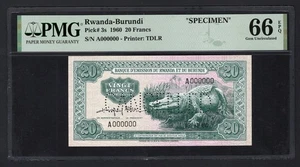 Rwanda-Burundi 20 Francs 15-09-1960 P3s "Specimen" Uncirculated Grade 66 - Picture 1 of 2