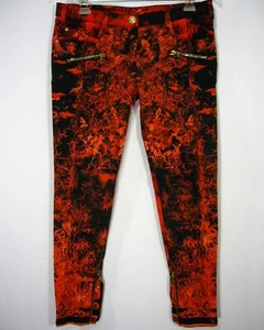 Balmain Printed Red Black Fire Print Skinny Size 42 Dress Pants Cotton Zip - Picture 1 of 12