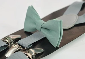 Sage Green Cotton Bow Tie + Grey Suspenders Braces for MEN / BOY KIDS / BABY - Picture 1 of 9