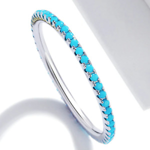 White Gold Plated 925 Sterling Silver Turquoise Stone Eternity Band Ring Size 7