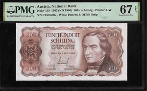 Austria 500 /- Schilling 1965 PMG 67 EPQ UNC Pick# 139 Series C,  National Bank - Picture 1 of 4