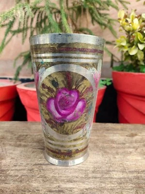 Antique Hand Carved Brass Floral Engraved Painted Lassi Glass Nickle Plated Cup  - Image 1 of 4