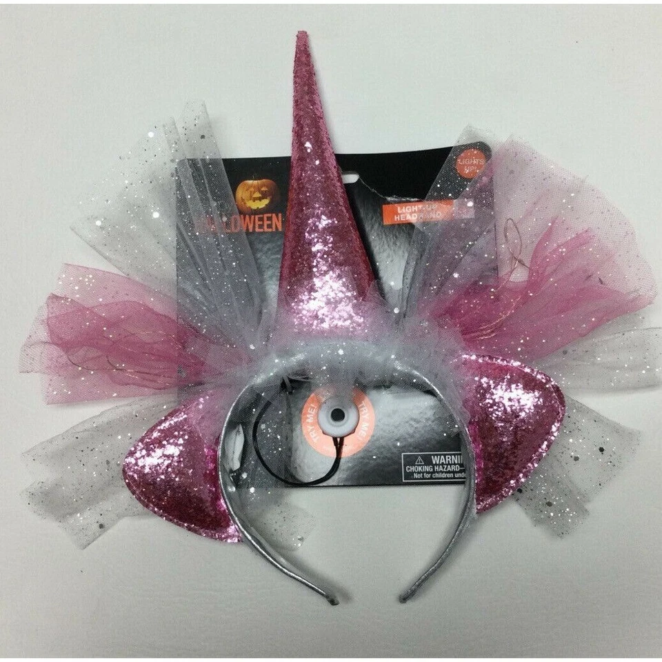 Light Up Unicorn Headband Pink Silver Sparkly Horn Halloween Costume Accessory - Image 1 of 3