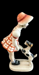 VTG Porcelain Girl and Schnauzer/Airedale Playful Dog Figurine Made in Japan - Picture 1 of 6