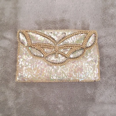Cartera clutch vintage de satén mariposa lentejuelas años 50 marfil La Regale Foto 1 de 4