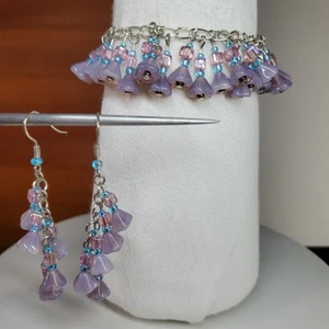 Armband 7" Perlen Charm Ohrringe Set Handarbeit Lila Tschechische Glas Blume Baumeln - Bild 1 von 9