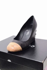 Chanel 12C Escarpins Leather Cork Wedge Pumps Black Kl4Qasup93 - Picture 1 of 9