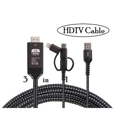 3 in 1 Type C, Micro, 8 Pin HDMI Adapter Cable Screen for IOS Android New Black - Image 1 of 4