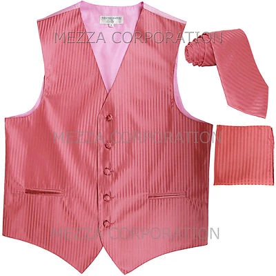 New Men's Tuxedo Vest Vertical Stripes Necktie Hankie set prom Coral wedding - Image 1 of 4