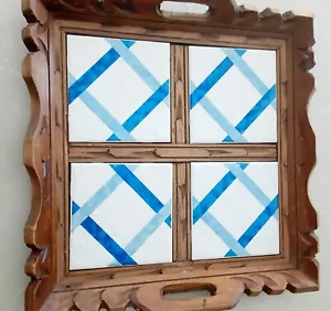 Vintage Mexican Carved Wood and Ceramic Tile Serving Tray 12x12 w handles - Picture 1 of 3