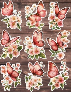 Pink Butterfly and Flowers Vinyl Stickers Set Scrapbooking Laptop WaterBottle - Picture 1 of 1