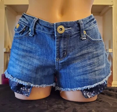 Bongo Cutoffs 牛仔短裤青少年 5 亮片口袋短裤 Y2K 低腰二手状况完好 — 第 1/4 张图片