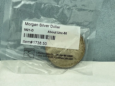 1921-D Morgan Silver Dollar in AU Condition 90% Silver by Littleton Coin Cover