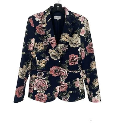 NWT Tahari ASL Floral Rose Print Button Front Blazer Jacket Navy Pink Womens 4 - Image 1 of 4