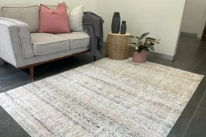 FLOOR RUG BEIGE IVORY BLUE GREY GEOMETRIC TRIBAL MODERN CARPET - 300 X 400 CM - Picture 1 of 8