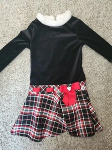 Dollie & Me Girls Velvet A Line Dress Black Red Plaid Faux Fur Trim Keyhole 8 - Picture 1 of 3