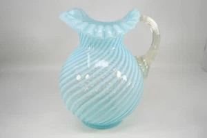 Antique Fenton Blue Opal Optic Swirl Spiral Pattern Water Pitcher Ruffled Top 9" - Picture 1 of 15