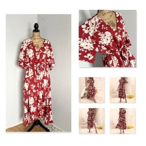 Rot Blumen Plus Surplice vorne Blumendruck Gürtel Kleid mit Taschen Gr. 22 Neu mit Etikett - Bild 1 von 12