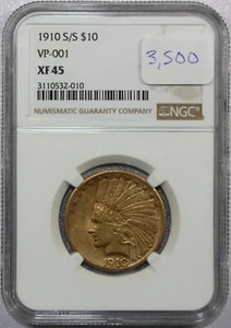 1910 S/S $10 GOLD INDIAN CERTIFIED NGC XF45 - RARE!! #649 - Picture 1 of 2