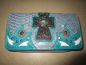 LADIES BLING WESTERN WALLET - BLUE TURQUOISE WHITE - AZTEC CROSS -LASER CUT - Picture 1 of 3