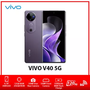 NEW VIVO V40 5G Dual SIM Unlocked Android Mobile Phone AU – Purple/12GB+256GB - Picture 1 of 5