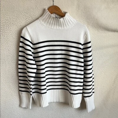 J Crew Cotton turtleneck sweater in stripe Womens Large Black White - Image 1 of 4