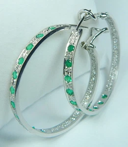 Colombian Emerald-Dia. Hoop Earrings 1.34 CTW 18K White Gold Fine Jewelry Muzo - Picture 1 of 12