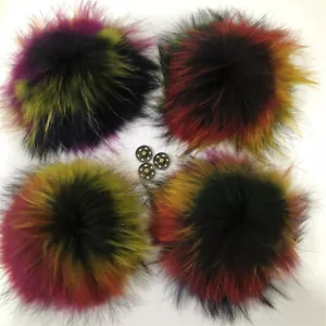 10pcs/Lots-6"Multicolor Real Raccoon Fur Pompom Ball W Snap Button Shoes Hat DIY - Picture 1 of 5