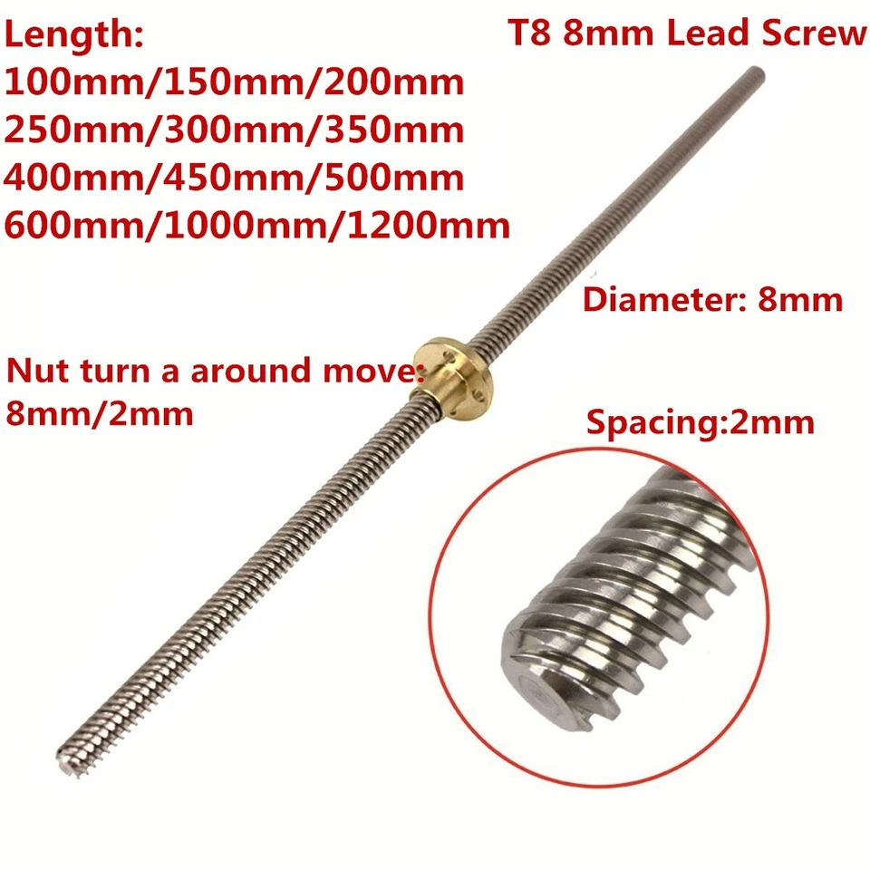T8 8mm L100mm-1200mm Acme Thread Lead Screw and Copper Nut for 3D Printer Z Axis