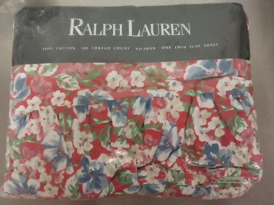 Ralph Lauren Falmouth Ruffled-Red & Blue NOS Twin Flat Sheet-NIP-Cotton-1990's - Image 1 of 4