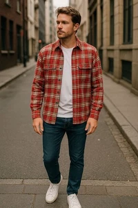 Cabin Creek rot kariertes Hemd L Baumwolle Button Down Urban Freizeit robust Outdoor - Bild 1 von 7