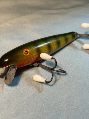 复古早期木质 Pflueger Pal-O-Mine Jr. 橙色玻璃眼鲈鱼图案 漂亮 — 第 1/4 张图片