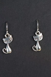 Kitty Cat Charm Earrings 925 sterling silver hooks pewter charms Kitten 1" - Picture 1 of 5