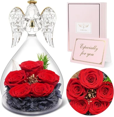 Sunia 玻璃天使雕像带 5朵永远真实保存的玫瑰妈妈,5 红色  — 第 1/4 张图片