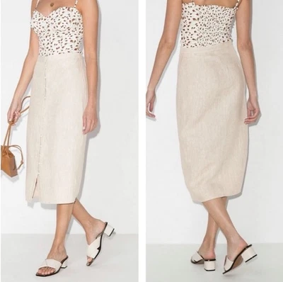Reformation Mujer’s Fredo 100% Lino Midi Falda Lápiz Talla 12 Beige Tranquilo Lujo Foto 1 de 4
