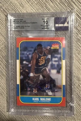 1986 FLEER BASKETBALL #68 KARL MALONE JERSEY FUSION BGS 10 AUTO GU PATCH RARE ** - Image 1 of 2