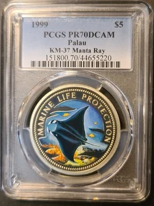 1999 Palau Manta Ray KM-37 Marine Life Protection $5 Silver Proof PCGS PR70DCAM - Picture 1 of 2