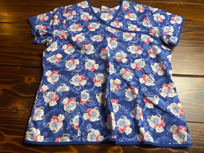 Peaches Uniform Scrub Top Women's Size L? Blue White "Polar Bear Winter" V-Neck - Image 1 of 4