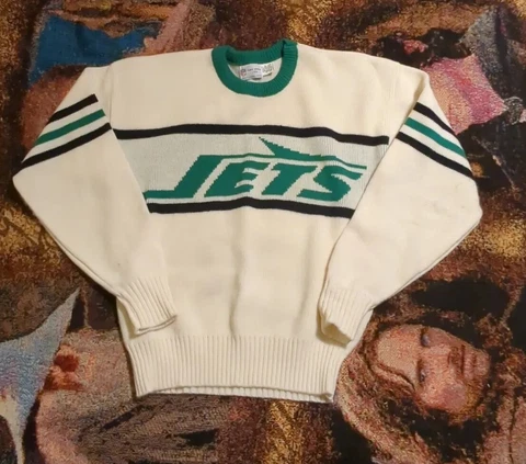 Vintage 80s New York Jets Cliff Engle Knit Sweater NFL Football White Size Small Cover