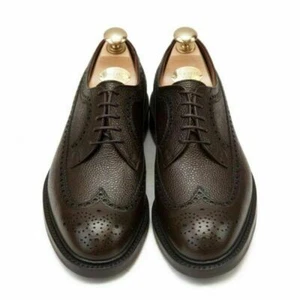 Handmade Oxford Grain Leather Brogue Wingtip Dress Brown Lace Up Men's Shoes - Picture 1 of 5