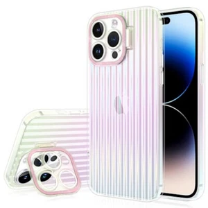 Iridescent Groove Case with Pink Camera Ring Stand for iPhone 15 Plus - Photo 1 sur 1