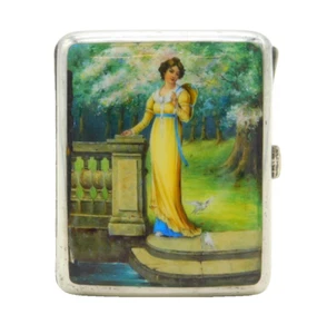 Edwardian Sterling Silver Enamel Lady with Doves Cigarette Case Antique 1904 - Picture 1 of 14