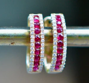 Created Red Ruby 2Ct Round Cut Diamond Hoop Women Earring 14K Yellow Gold Plated - Picture 1 of 5